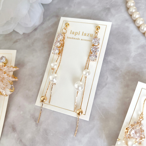 3連キュービックジルコニア パール華奢Wチェーン《ピアス/イヤリング