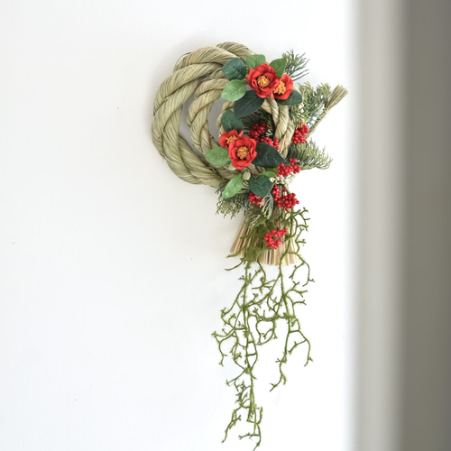 翌日発送 ラスト1点】 3重しめ縄飾り(赤い椿) Lサイズ お正月飾り ver