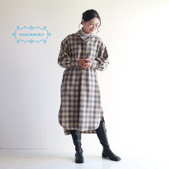 秋冬【グレーチェック】ウール混ふんわりパフ袖リラックシーシャツ風