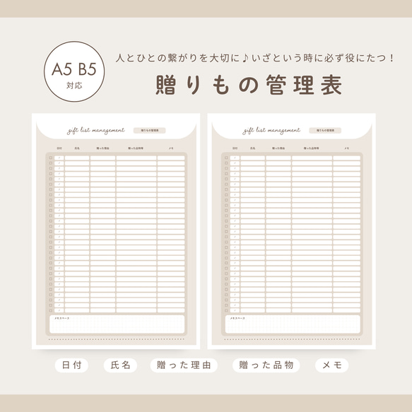 ルーズリーフ家計簿☆オプション家計管理 B-04:贈りもの管理表 2枚入り / 単品販売 / オリジナル家計簿 家計簿