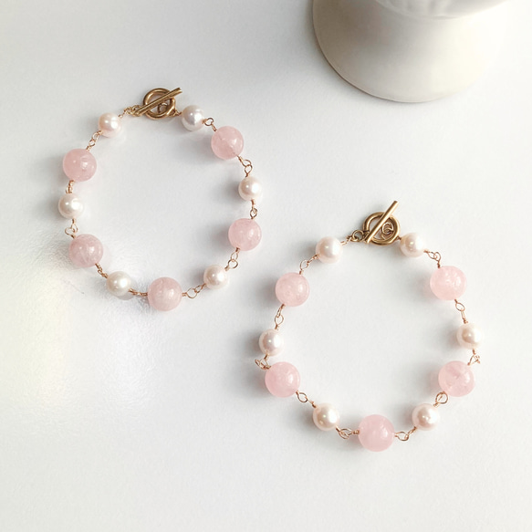 モルガナイトと淡水真珠のマンテルブレスレット サージカルステンレス 天然石   -morganite × pearl 6枚目の画像