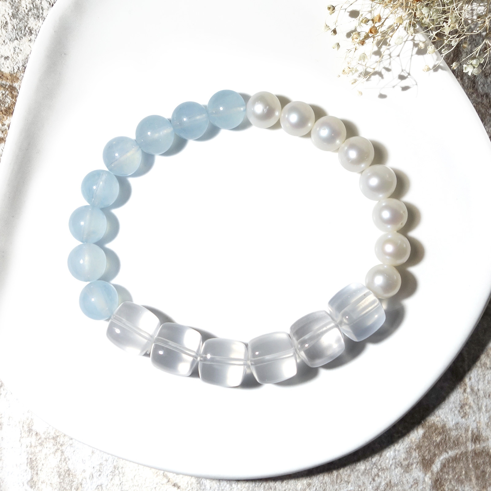Tri／一点もの　ローズクォーツ×アクアマリン×淡水ホワイトパール　トリブレスレット
