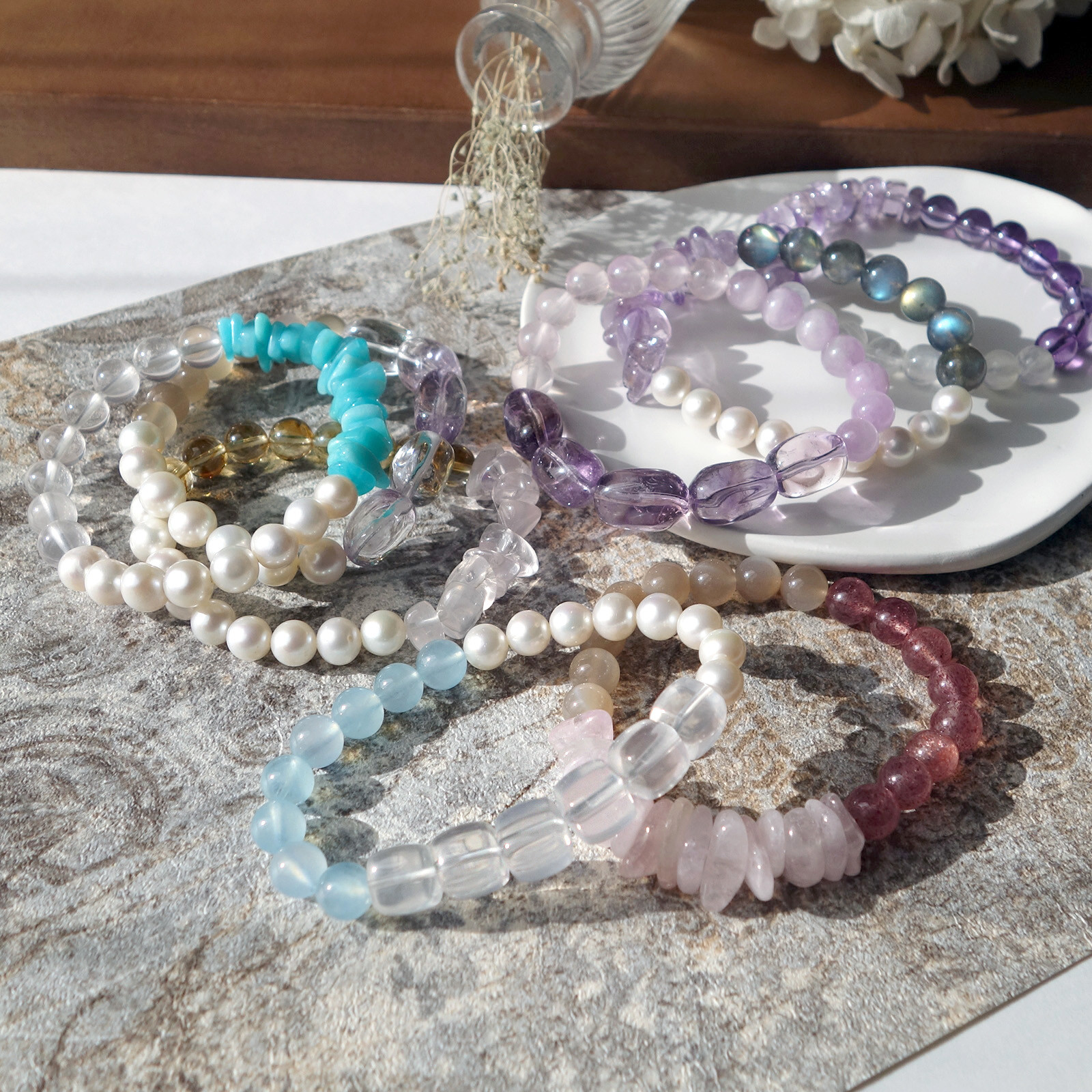 Tri／一点もの　ローズクォーツ×アクアマリン×淡水ホワイトパール　トリブレスレット
