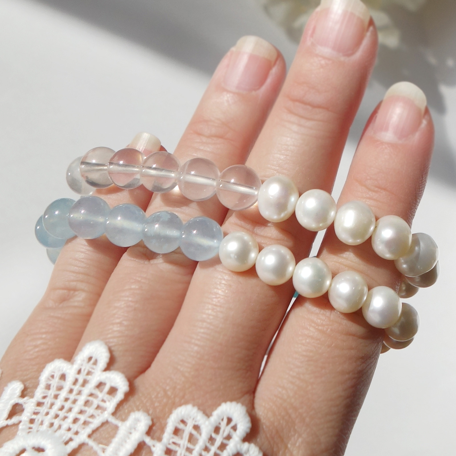 Tri／一点もの　ローズクォーツ×アクアマリン×淡水ホワイトパール　トリブレスレット