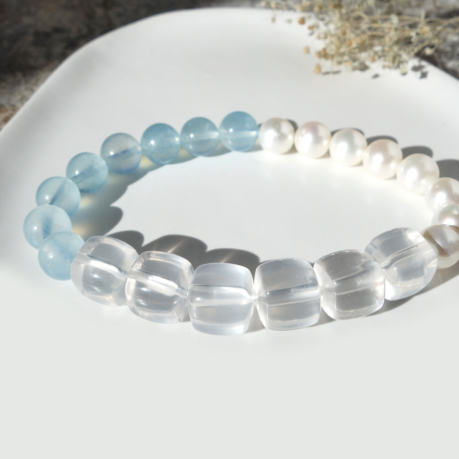 Tri／一点もの　ローズクォーツ×アクアマリン×淡水ホワイトパール　トリブレスレット