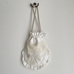 レア　19世紀　フランス　アンティーク　メタルビーズ　巾着　ポーチ　青 フランスアンティークレース - ポーチ - リネン 巾着バッグ Eau