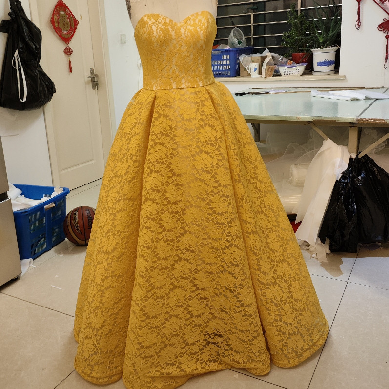上品！パーティードレス イエロー ベアトップ 総レース ふっくら柔らかなバックリボン 花嫁 前撮り