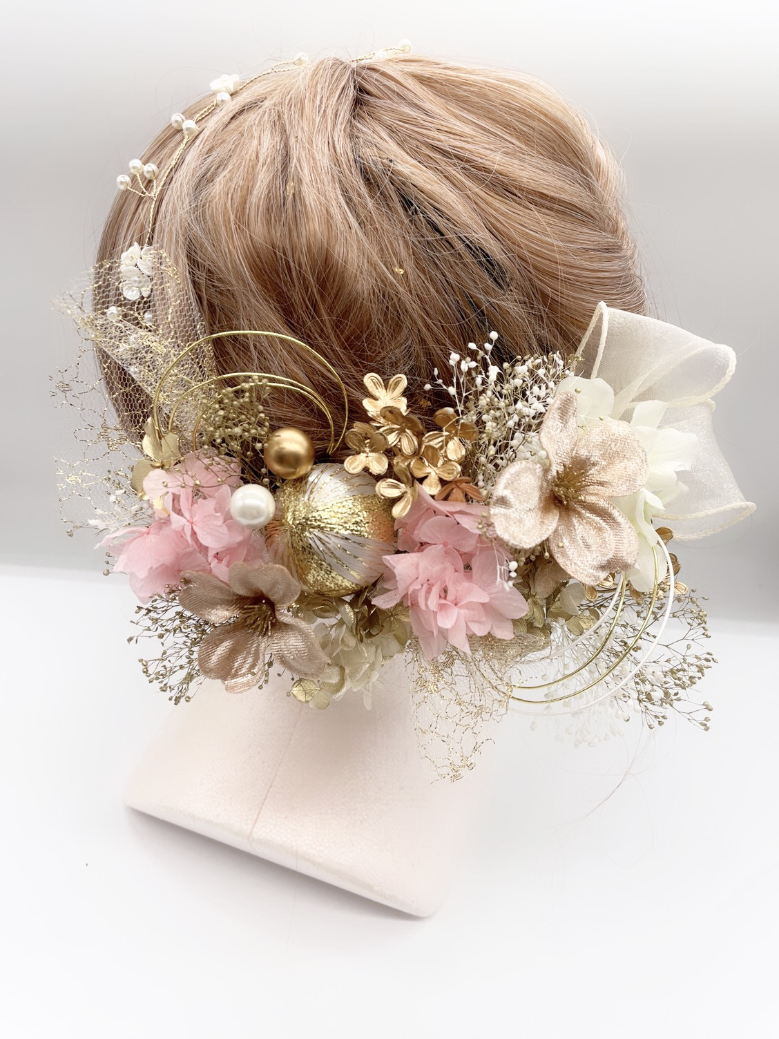 和装髪飾り　ヘッドドレス　水引×金箔　ゴールド　ピンク