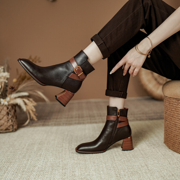 秋冬女式柔軟皮革鞋舒適時尚短靴高跟鞋 22 公分-25 公分 #888⭐免運費⭐ 第2張的照片