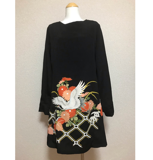 34★黒留袖★着物リメイク★Aワンピース★M★ 
