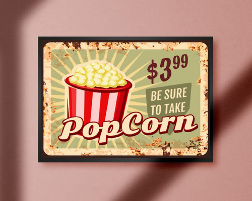 A4額付き】ポップコーン お菓子 映画 シネマ 店舗 キッチンカー レトロ