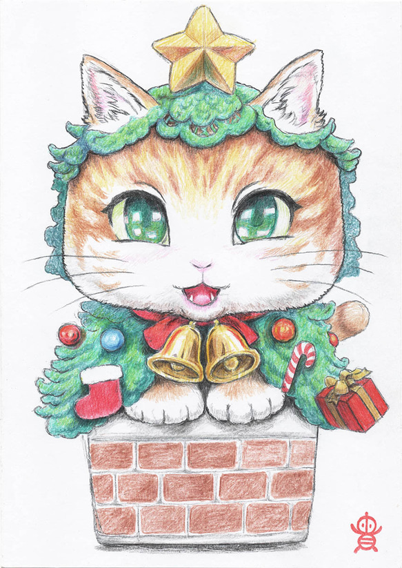 クリスマスツリーねこさんイラストポストカード・5枚セット 2枚目の画像