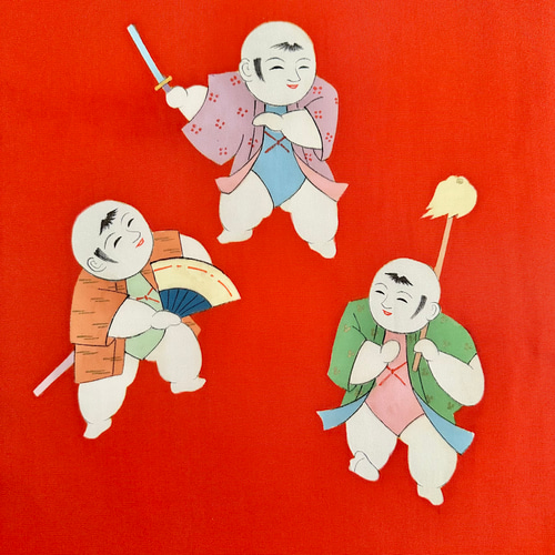 帯のタペストリー 柿色に遊ぶ子ども 着物リメイク インテリア 掛け軸