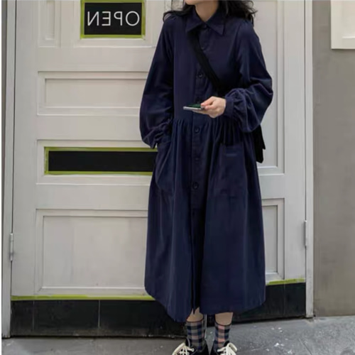 45R ゆったりコーデュロイワンピース　ネイビー ネイビーワンピース、コーデュロイワンピース、ロングワンピース、春