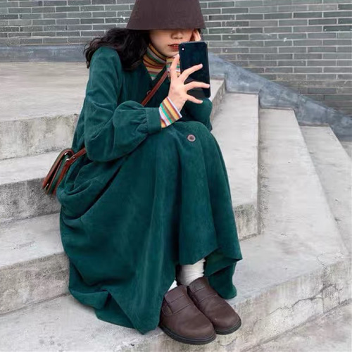 Vintage コーデュロイワンピース M・ダークグリーン