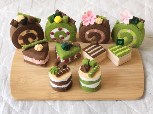 ジャックにゃん虎ページ＊フェルトケーキ ほうじ茶＆抹茶ケーキ☆フェルト 送料無料♡ ぬいぐるみ Fairy