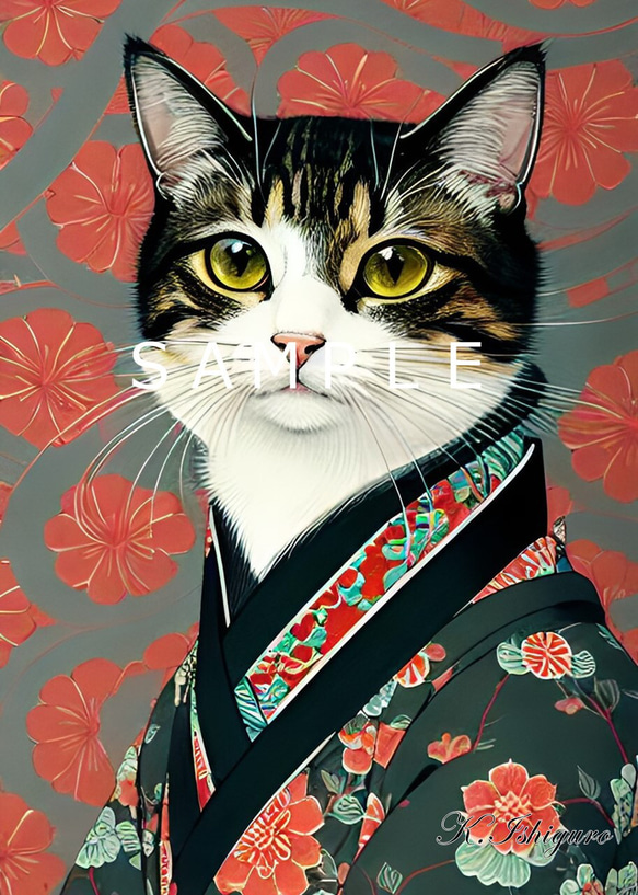 着物を着た猫(オリジナルイラスト)A4額付き　№s-2092 1枚目の画像