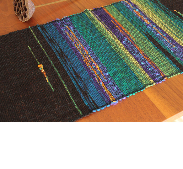 コットンウール手織りテーブルランナー　ブラウン×グリーンブルー/タペストリー/敷物/インテリア 3枚目の画像