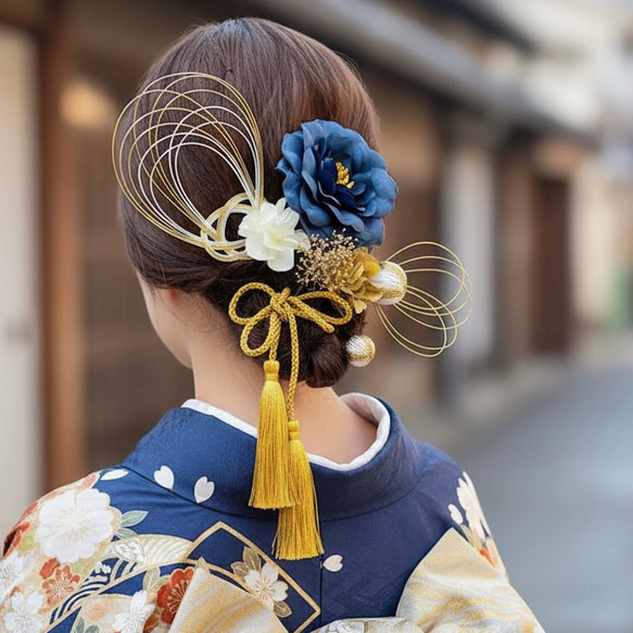 成人式 ＆ 結婚式 フラワー 水引きアレンジ髪飾り 椿水引きアレンジ 髪