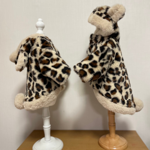 ハンドメイド犬服 ヒョウ柄 ファーコート オーダー頁 フード付きコート