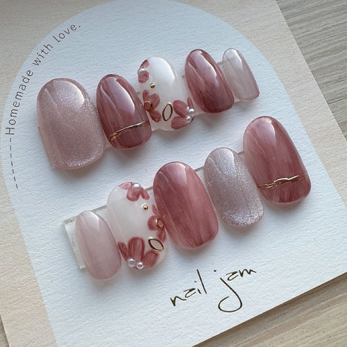 Rose nail様ネイルチップ 見積もり ダスティーピンク&マグネットのフラワーネイル ネイルチップ 成人式