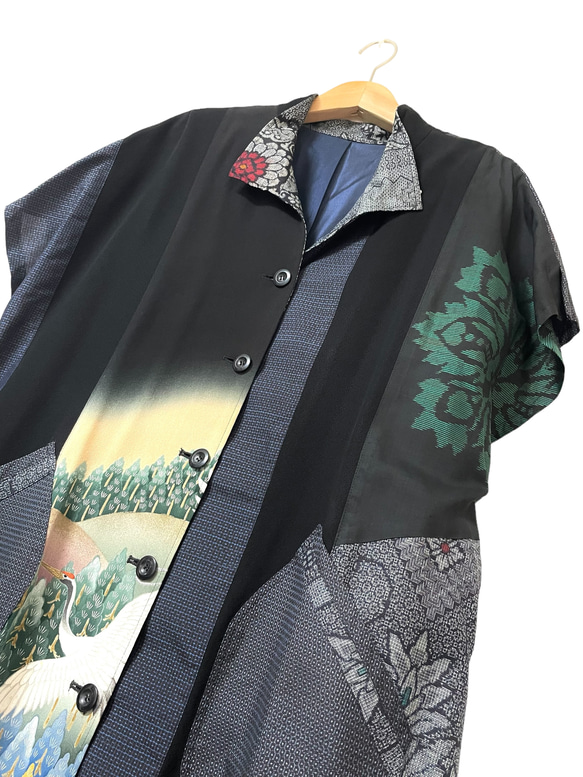 送料無料 着物リメイク 大島紬 留袖 正絹 コートジャケット ロング ジレ ベスト ハンドメイド 3枚目の画像