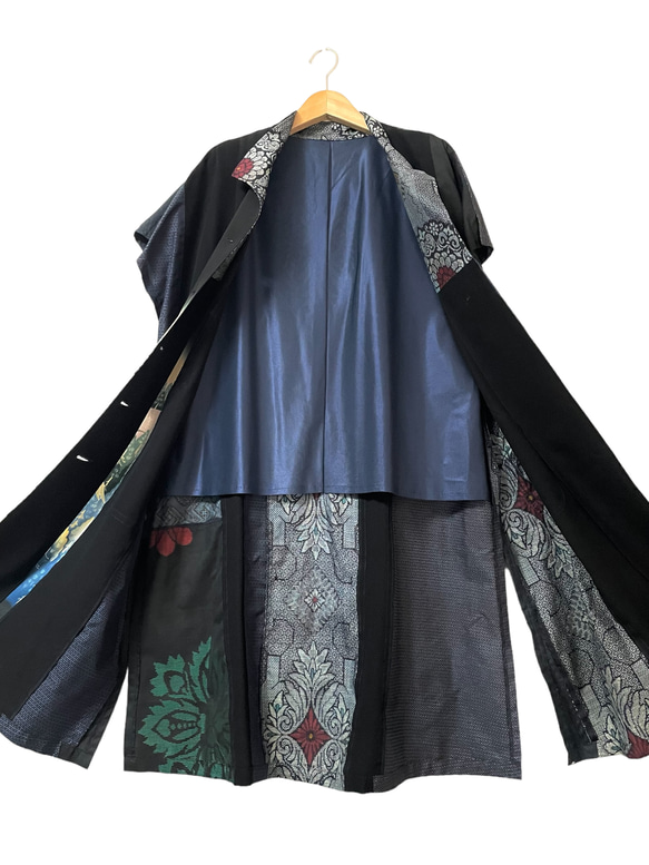 送料無料 着物リメイク 大島紬 留袖 正絹 コートジャケット ロング ジレ ベスト ハンドメイド 1枚目の画像
