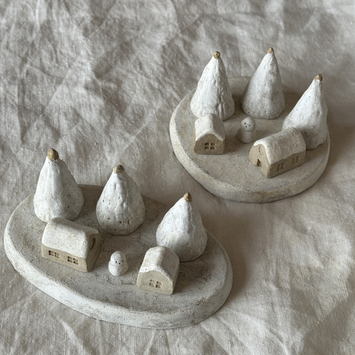 小さな街のオブジェ no.1 （楕円形の台）【一点物】 立体・オブジェ