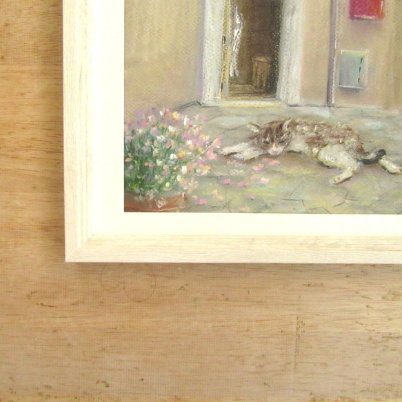 ﾊﾟｽﾃﾙ画　眠たい猫のいる庭（Creema限定　原画　額縁付き） 4枚目の画像