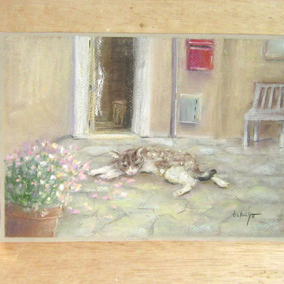 ﾊﾟｽﾃﾙ画　眠たい猫のいる庭（Creema限定　原画　額縁付き） 2枚目の画像
