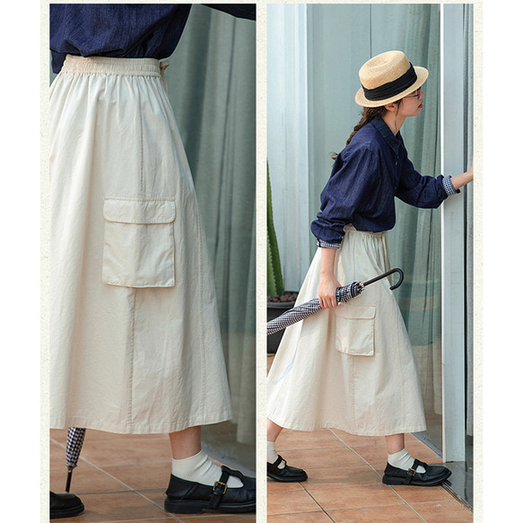ゴムウエストスカート　左右に形違うポケット付き　100%コットンスカート　ベージュ　S-Mサイズ S174BE 8枚目の画像