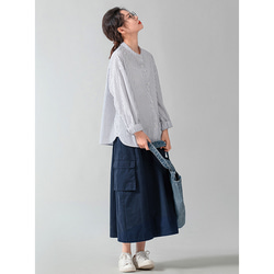 ゴムウエストスカート　左右に形違うポケット付き　100%コットンスカート　ネイビー　S-Mサイズ S174NV 5枚目の画像