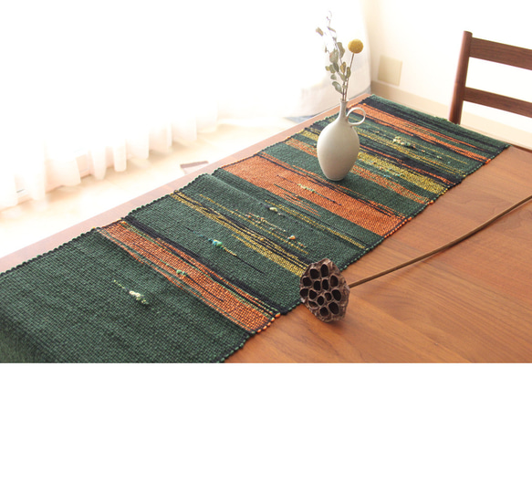 コットンウール手織りテーブルランナー　グリーンオレンジ/タペストリー/敷物/インテリア 4枚目の画像