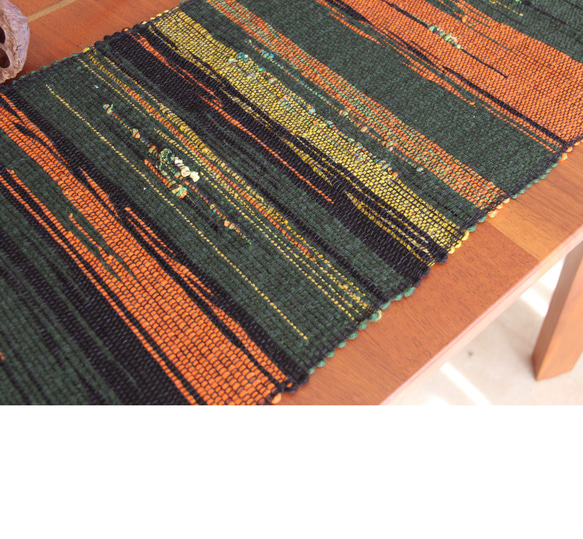 コットンウール手織りテーブルランナー　グリーンオレンジ/タペストリー/敷物/インテリア 3枚目の画像