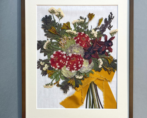 刺繍 刺繡アート 花 花束 額装 額 額入り ハンドメイド クラシカル モダン 花MIX 押し花額／レクタングル グランドゥ （結婚式 プロポーズ 花束