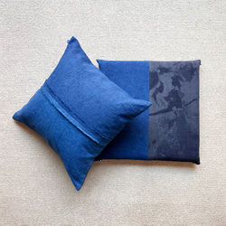 モクざ L 藍染めとログウッドの草木染 45cmサイズ 麻フリンジ  座布団 2枚目の画像