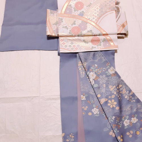 ワンタッチ着物 くらわん着物 正絹付け下げ訪問着リメイク 藤色辻が花