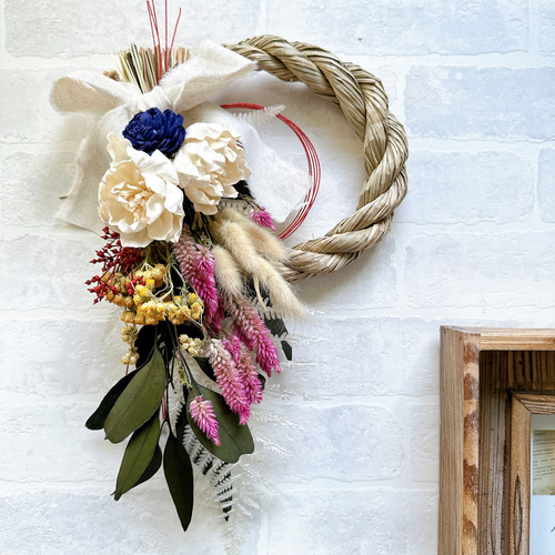 正月リース 正月スワッグ 新年飾り しめ縄 しめ縄リース 門松 しめ飾り 造花 No.24 わらしめ縄リーススワッグ2024 ハンドメイドお正月飾り 玄関