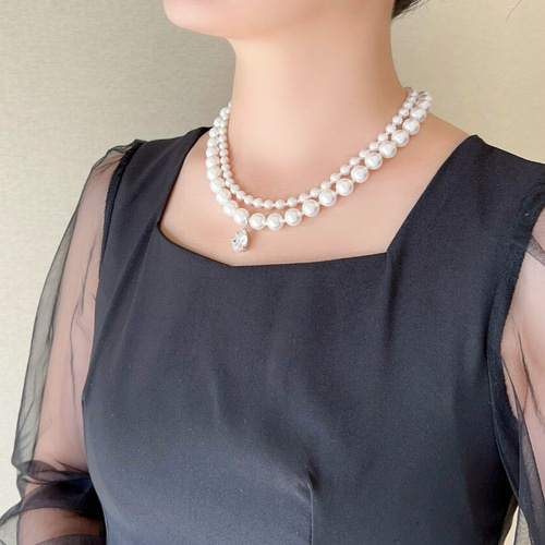 ホワイト/ 1粒の煌めき 2連 パール ネックレス<結婚式 七五三 ホワイト/ 1粒の煌めき 2連 パール ネックレス<結婚式 七五三