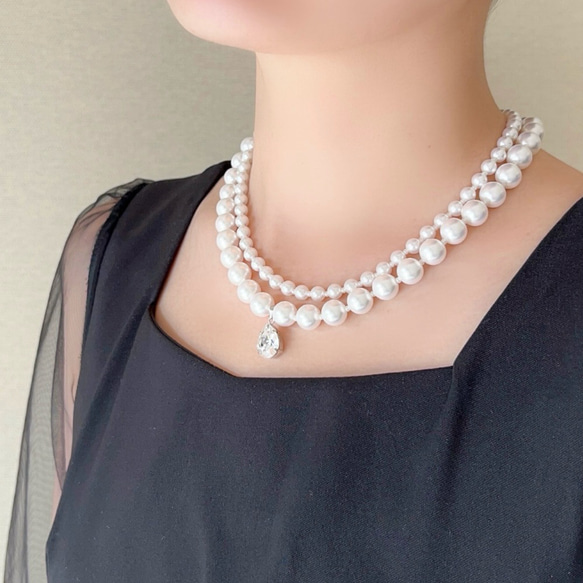 ホワイト/ 1粒の煌めき 2連 パール ネックレス＜結婚式 七五三