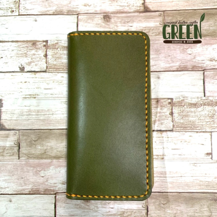 本革iPhoneケースオリーブグリーン×ネイビー栃木レザー手帳型