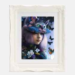 幻想的でシックできらびやかな猫の帽子がゆめかわいい魔女と蝶や花 アートポスター ロココ調 豪華フレーム付き 2枚目の画像