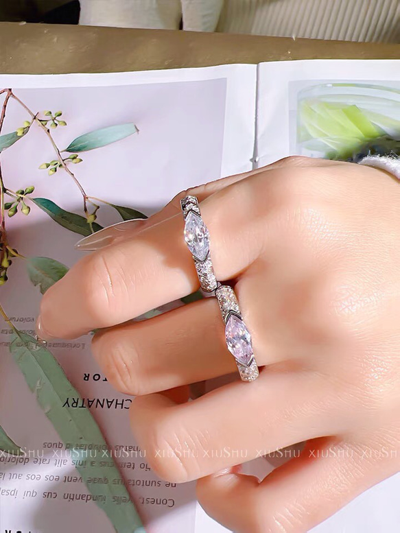 マーキス ライトピンク 高炭素ダイヤモンド キラキラ ゴージャス リング ラグジュアリー パヴェ 指輪 2枚目の画像