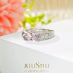 マーキス ライトピンク 高炭素ダイヤモンド キラキラ ゴージャス リング ラグジュアリー パヴェ 指輪 5枚目の画像