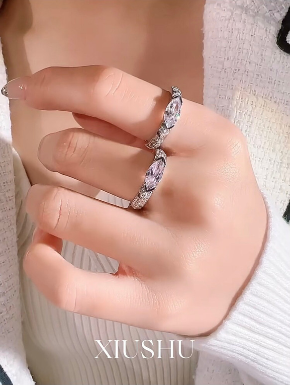マーキス ライトピンク 高炭素ダイヤモンド キラキラ ゴージャス リング ラグジュアリー パヴェ 指輪 3枚目の画像