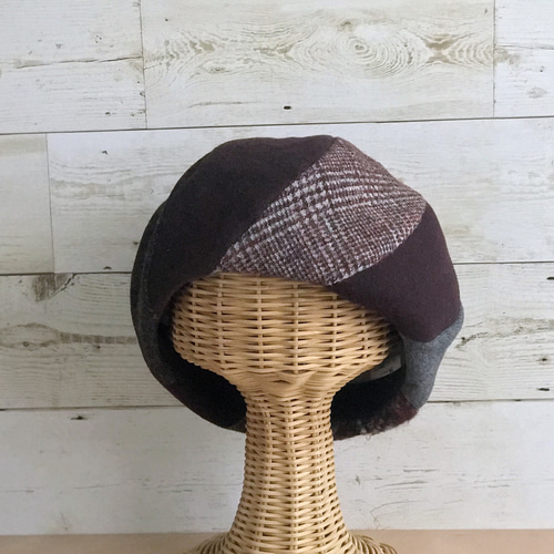 冬のベレー帽子・ワインレッド・グレーグラデーション ベレー帽