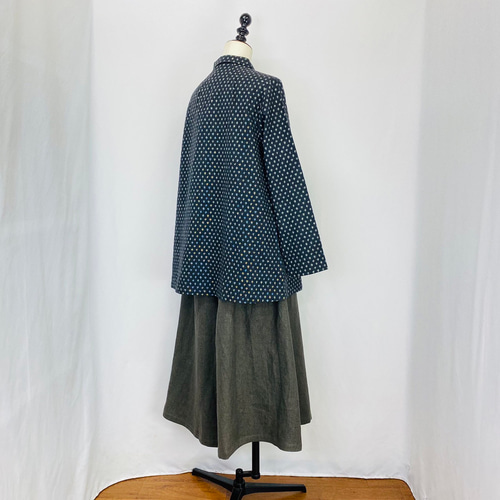 マンガン染め】Aラインブラウス 長袖 雪ん子絣 水玉 ドット 綿100 天然  