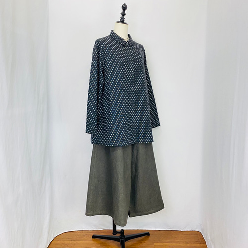 マンガン染め】Aラインブラウス 長袖 雪ん子絣 水玉 ドット 綿100 天然  