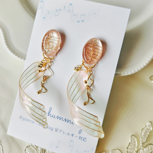 イヤリング・ノンホールピアス *kanon* パッヘルベルのカノン音符ピアス (イヤリング、ト音記号、五線譜