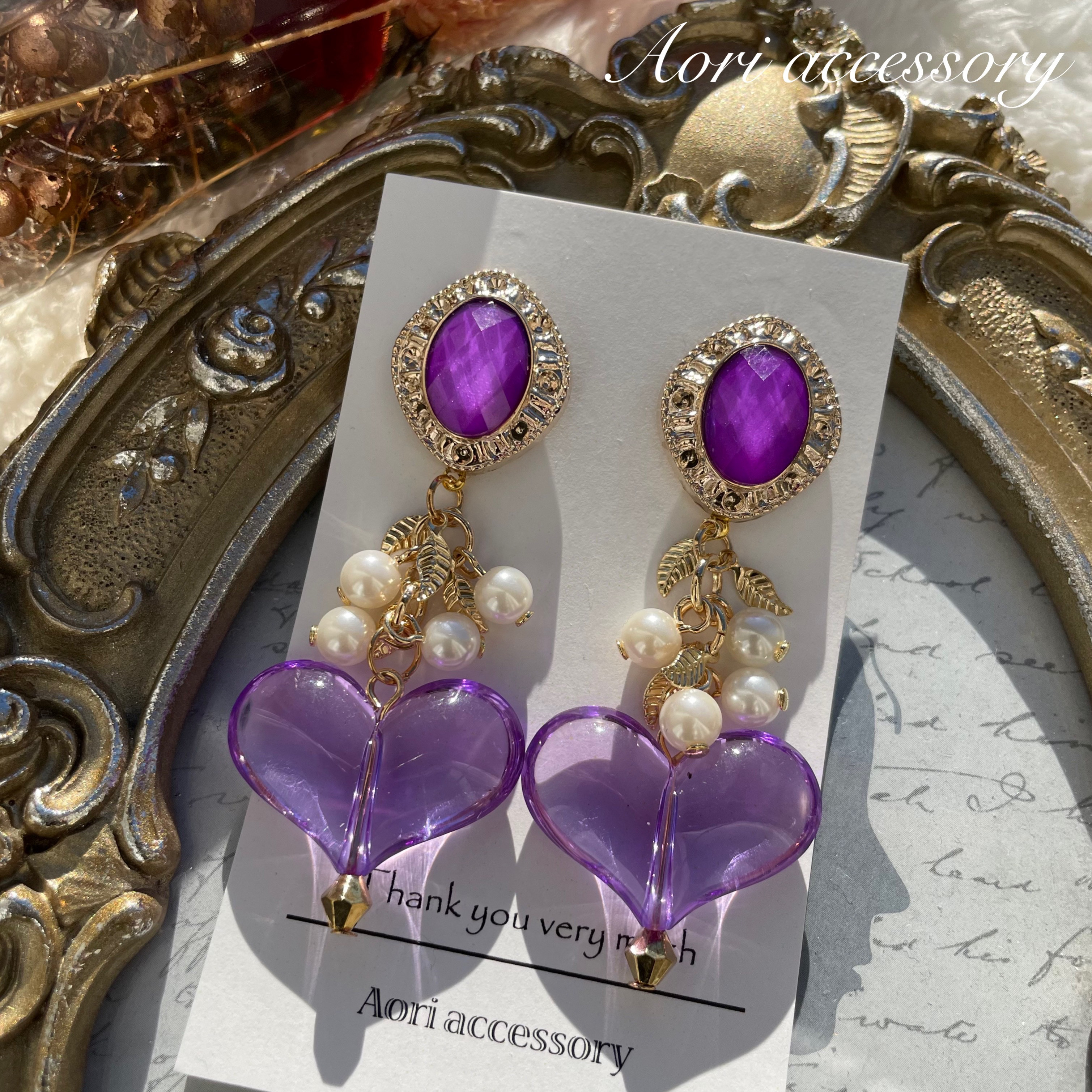 ブルーバイオレットのくまちゃん＆特注カラー☆ハートの韓国ビーズの